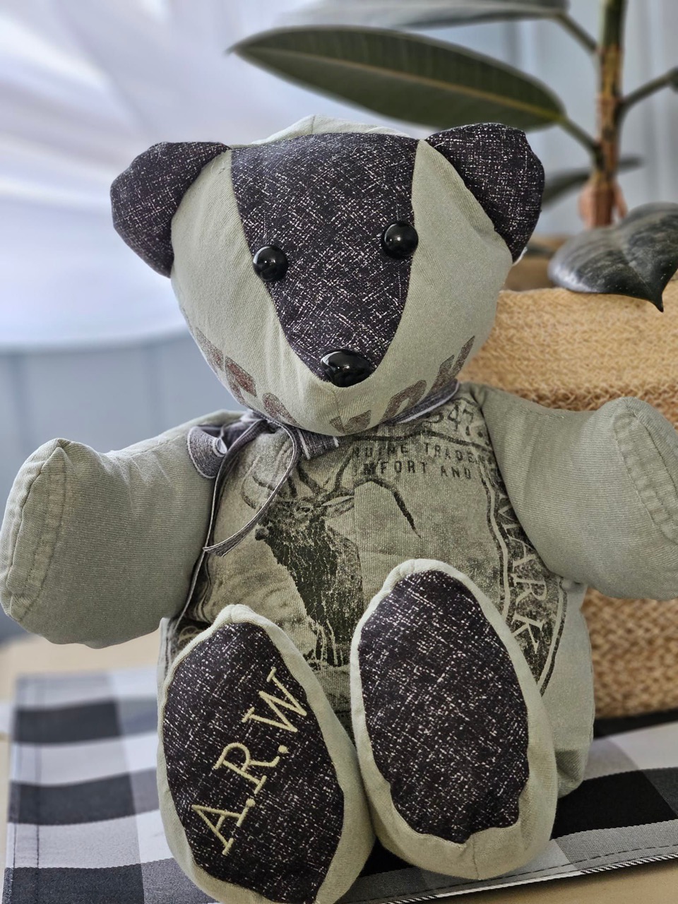 Memory keepsake bear sewn from a loved one's hunting shirt with an embroidered monogram