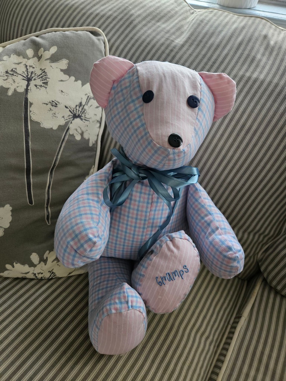 Memory keepsake bear sewn from pink and blue gingham with the name Gramps embroidered on its foot