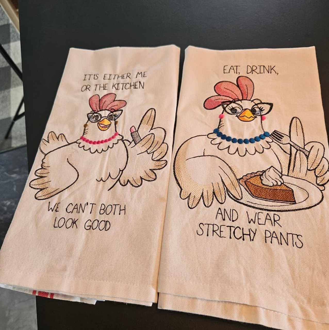 Funny embroidered tea towels featuring sassy chickens and playful sayings