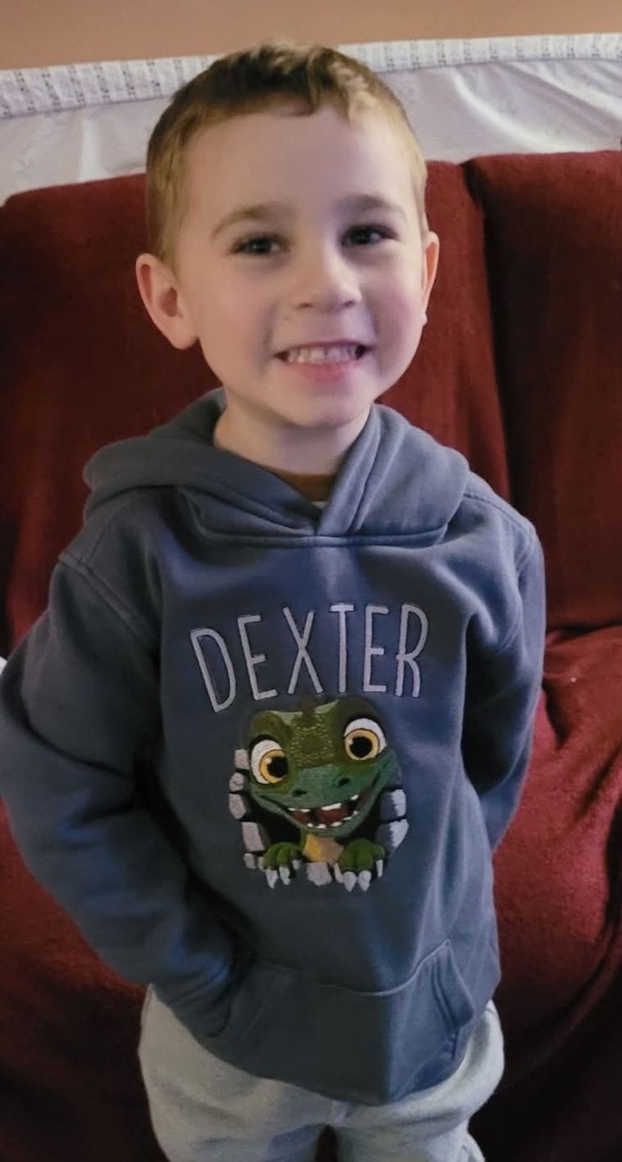 A young boy wearing a personalized gray hoodie embroidered with his name Dexter and a dinosaur