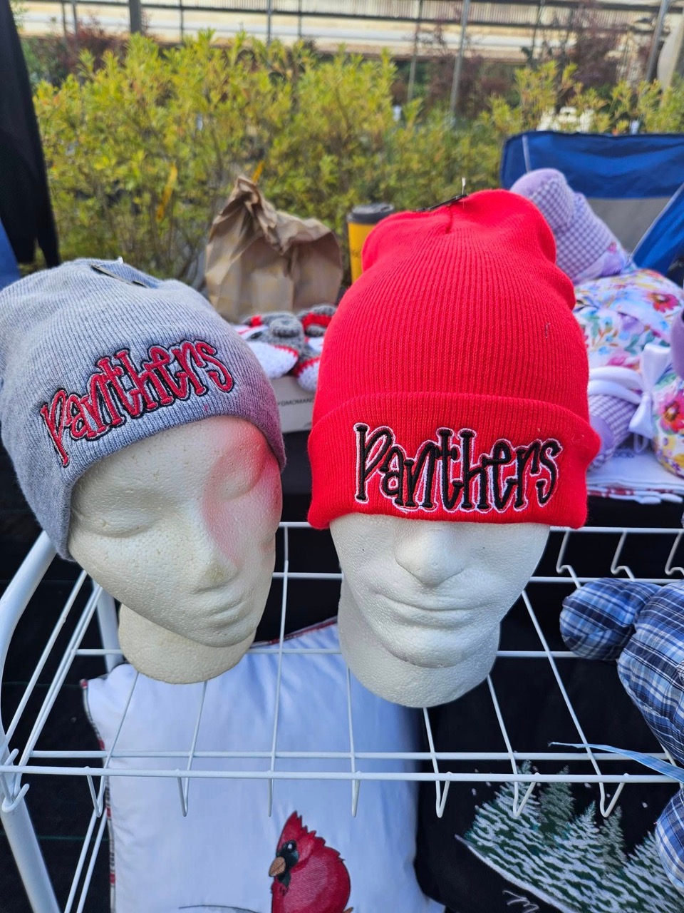 Red and gray knit beanies embroidered with the Panthers team name