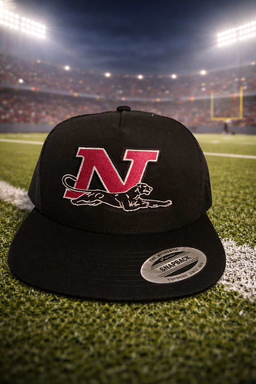 Black snapback cap embroidered with a red Norton "N" and panther logo on a stadium field